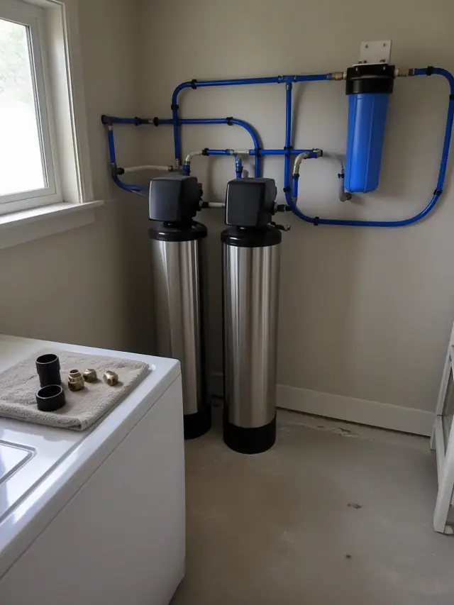 Water filtration system repair with new PEX tubing and tanks in a laundry room in Mesa, AZ.