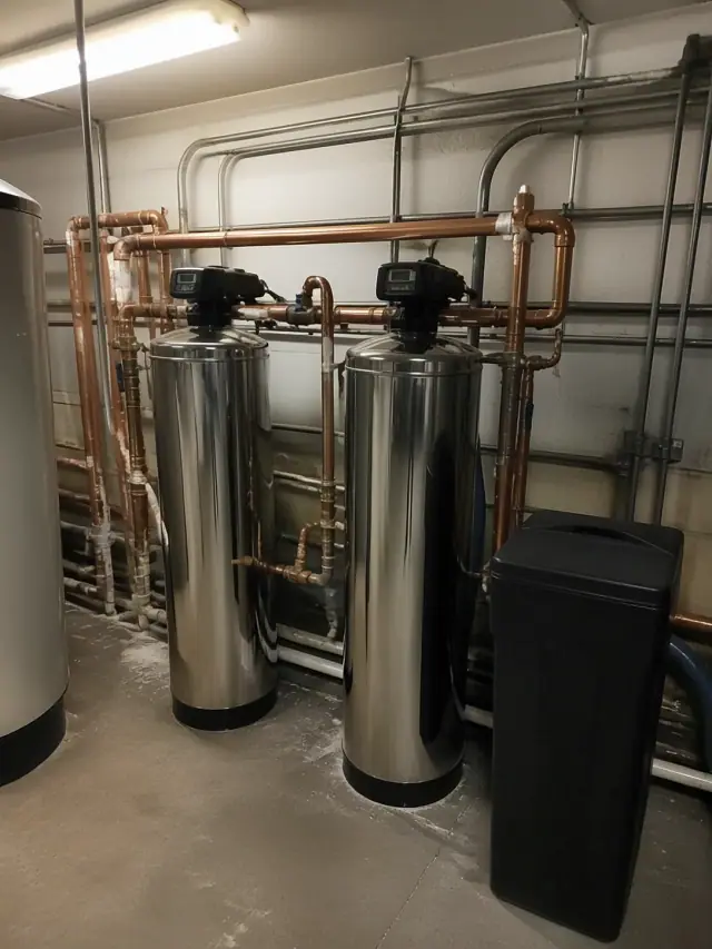 Two large stainless steel water softener tanks connected by copper pipes in a Phoenix, AZ restaurant utility room.