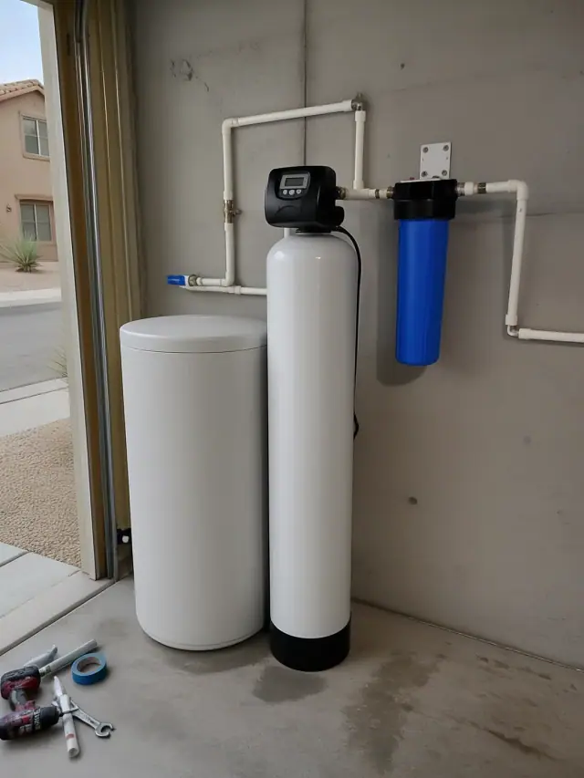 Newly installed water softener system with two white tanks and blue filter in a residential garage in Tempe, AZ.