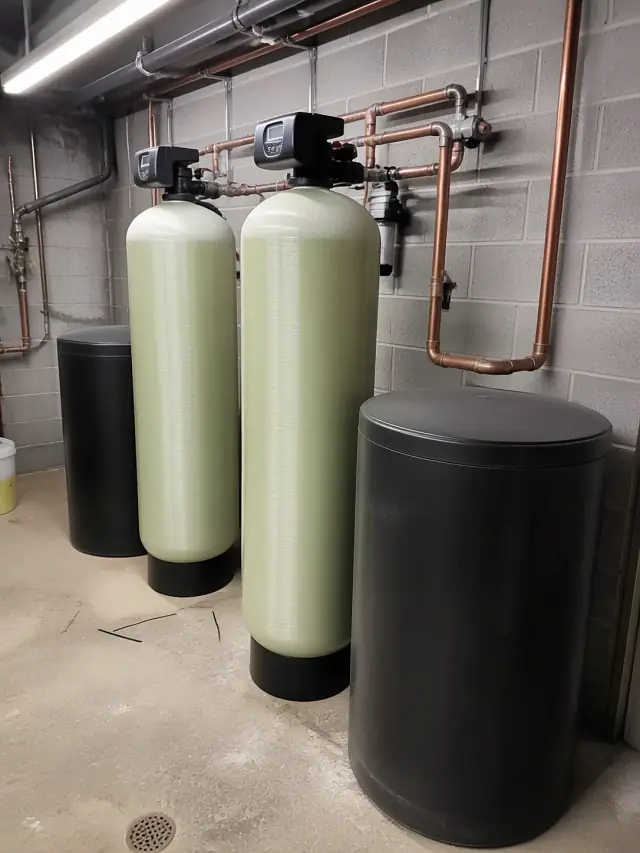 Commercial water softener system with two large brine tanks and copper piping in a mechanical room in Mesa, AZ.