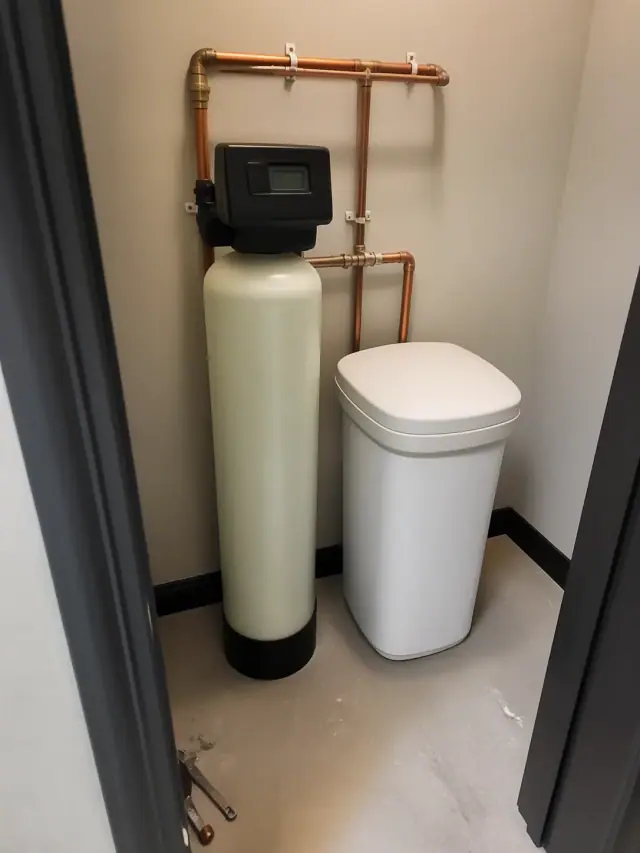 Water softener system with copper plumbing installed in a Scottsdale, AZ office utility closet.
