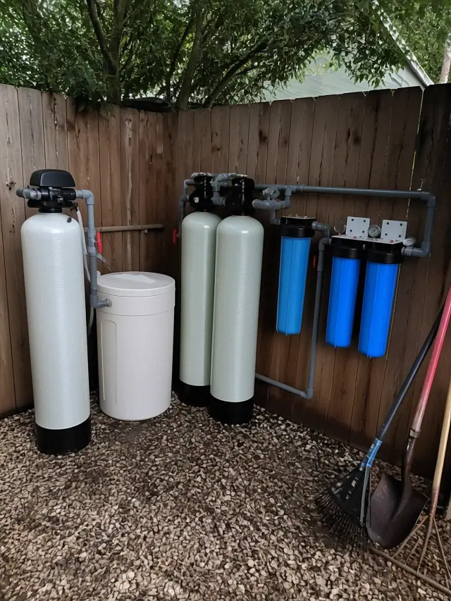 Well water RO pretreatment system with white tanks and blue filters installed against a fence in a Mesa, AZ backyard.
