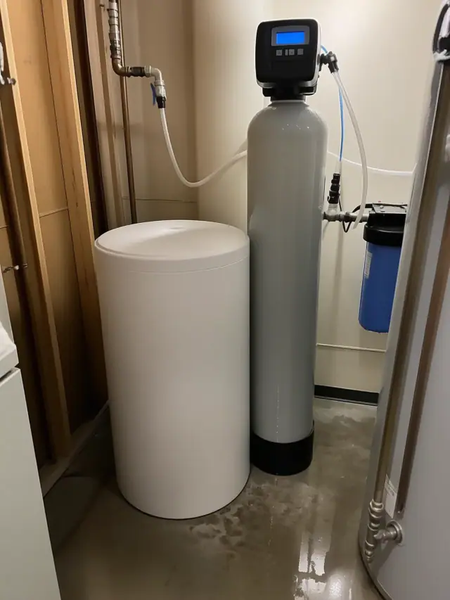 Cleaned water filtration system and white brine tank in a residential utility room in Mesa, AZ.
