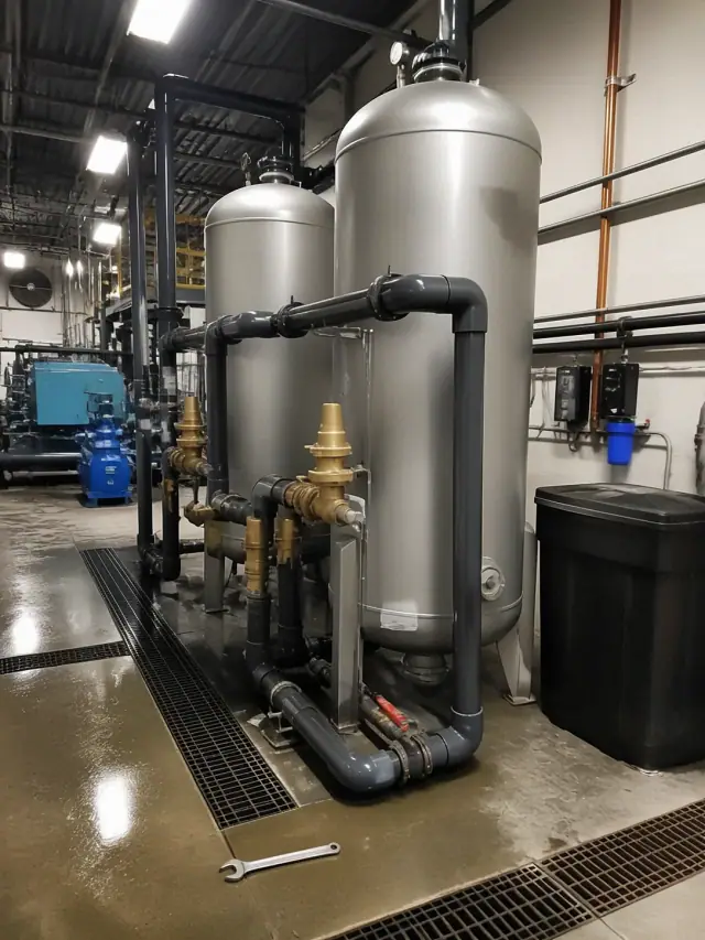 Industrial water softener installation with large steel tanks and PVC piping in a Mesa, AZ manufacturing mechanical room.