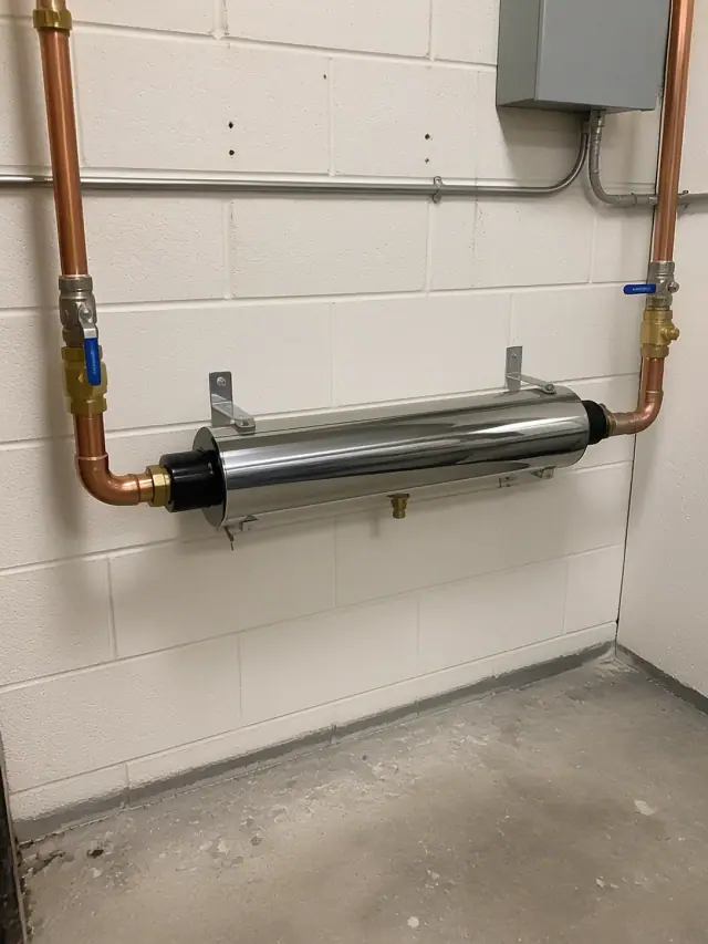 Salt-free water conditioning system with copper piping installed in a commercial mechanical room in Mesa, AZ.