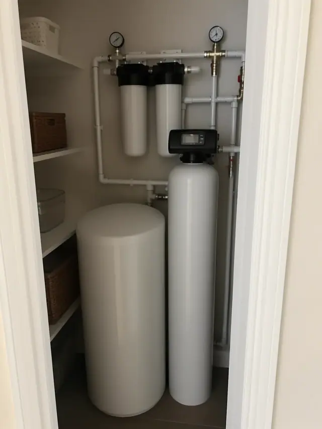 Water softener and carbon filtration system installed in a residential pantry in Glendale, AZ.