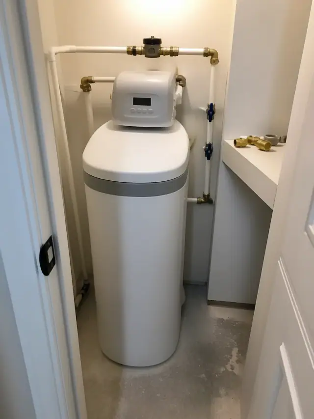 New water softener tank with PEX piping installed in a small utility closet in Chandler, AZ.