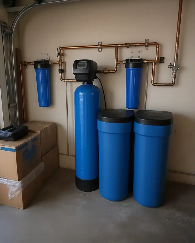 Newly installed water softener system with copper piping in a Phoenix, AZ residential garage.