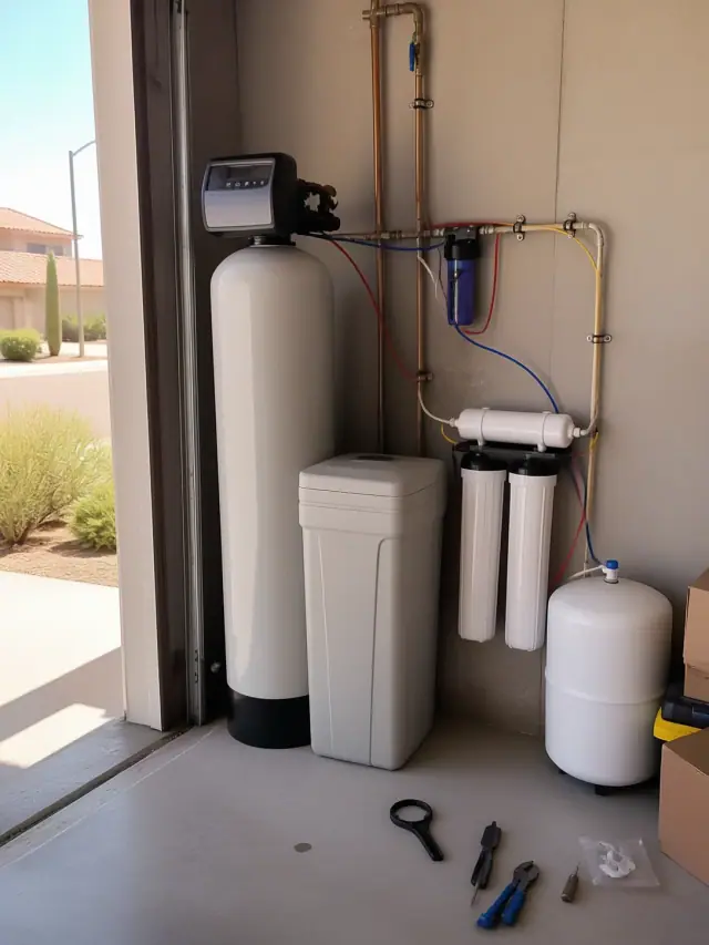 Water softener and reverse osmosis filtration system installed in a garage in Mesa, AZ.