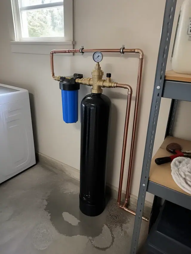 Copper piping and brass water filtration valves installed in a laundry room in Mesa, AZ.
