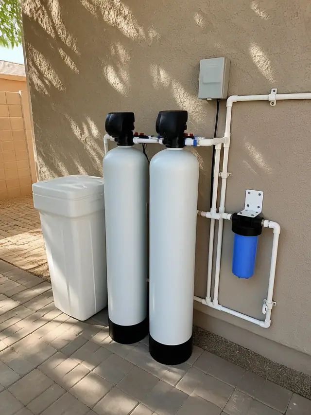 Newly installed water softener and filtration system on a tan stucco wall in Queen Creek, AZ.