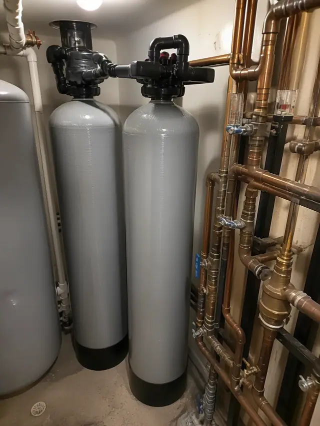 Two large grey carbon filtration tanks connected by copper pipes in an apartment utility closet in Mesa, AZ.