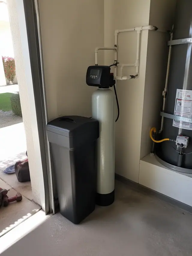 Water softener system with resin and brine tanks installed next to a water heater in a Scottsdale, AZ garage.