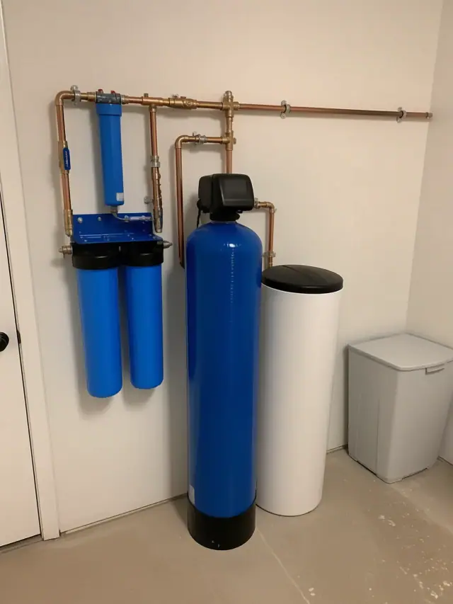 Whole house water filtration system with blue and white tanks and copper piping in a Queen Creek, AZ laundry room.