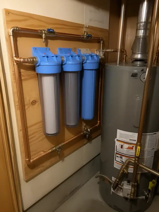 Whole-house water filtration system with copper piping installed in a utility closet in Mesa, AZ.