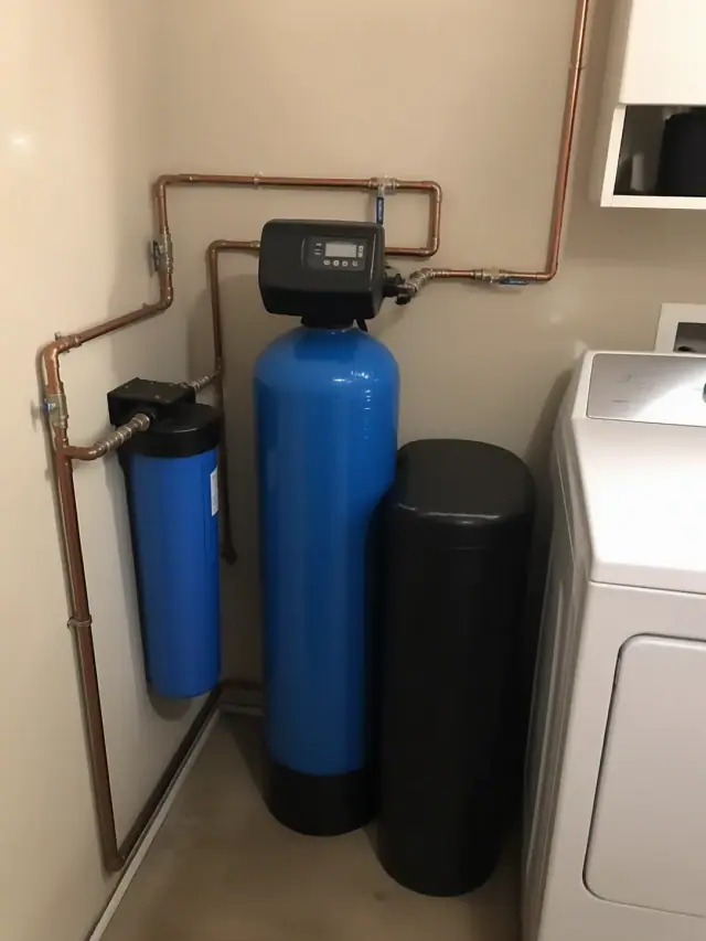 Water softener and whole house filtration system with copper piping installed in a laundry room in Tempe, AZ.