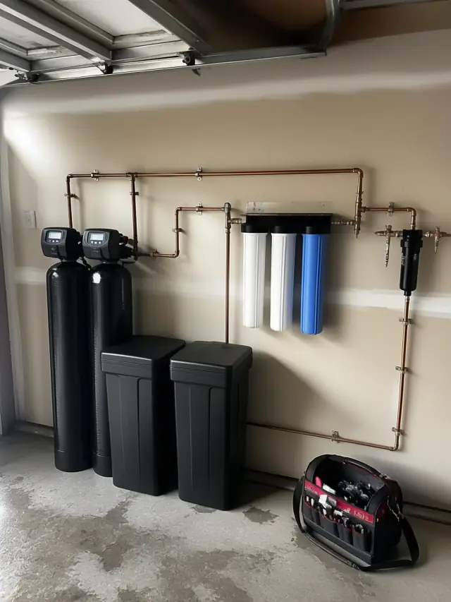 Water softener and filtration system with copper plumbing installed in a Scottsdale, AZ residential garage.