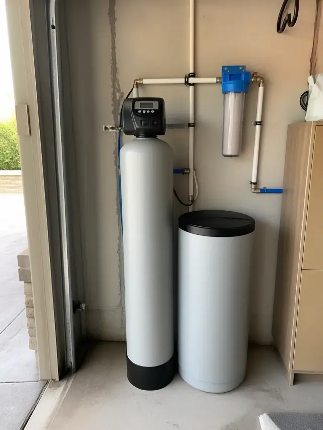 Newly installed water softener system with PEX plumbing in a residential garage in Gilbert, AZ.
