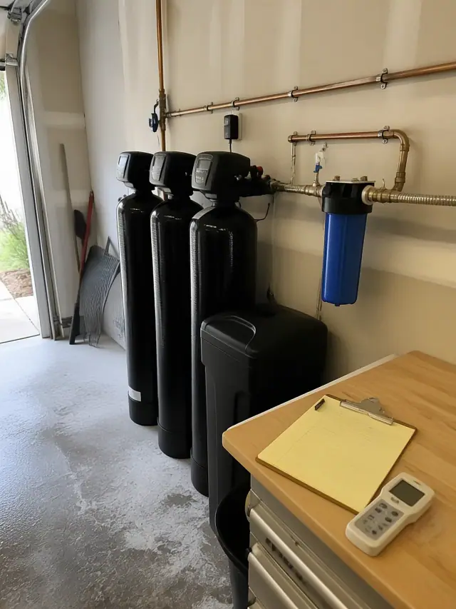 Whole-home water filtration system installed in a garage in Mesa, AZ, with a water testing meter on a workbench.