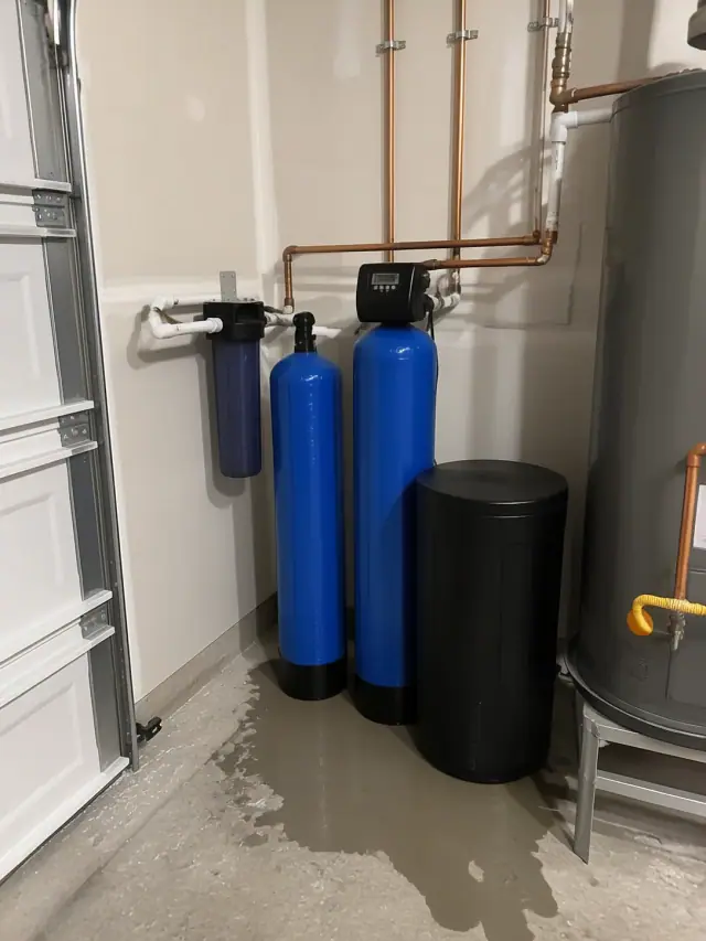 Newly installed water softener system with copper piping next to a water heater in a Peoria, AZ garage.