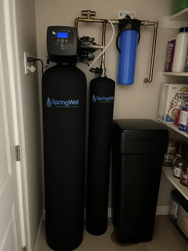 Water softener and carbon filtration system installed in a residential pantry in Apache Junction, AZ.