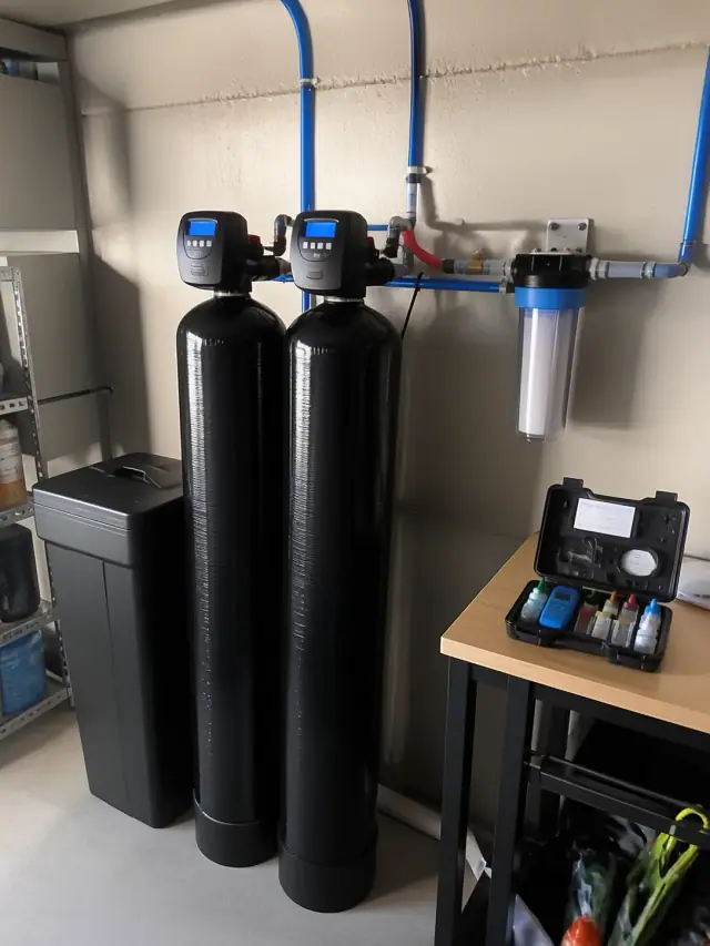 Two water filtration tanks and a sediment filter system installed in a garage in Mesa, AZ.