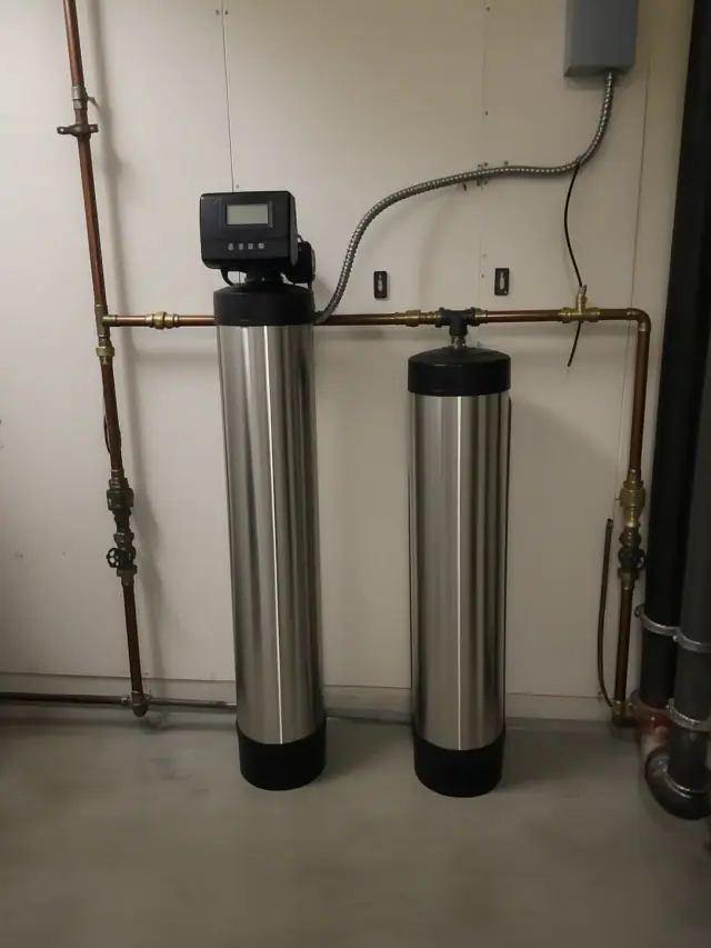 Two stainless steel water conditioning tanks with copper piping installed in a mechanical closet in Mesa, AZ.