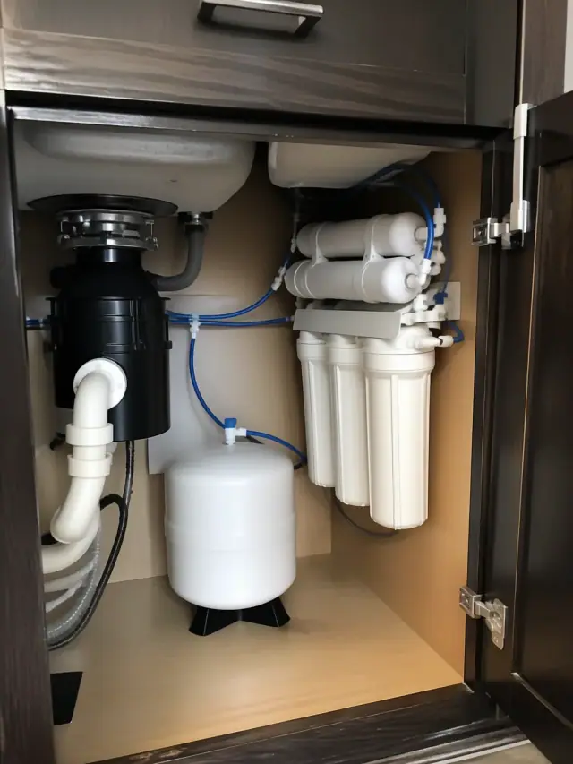 Newly installed reverse osmosis water filtration system under a kitchen sink in a Glendale, AZ home.