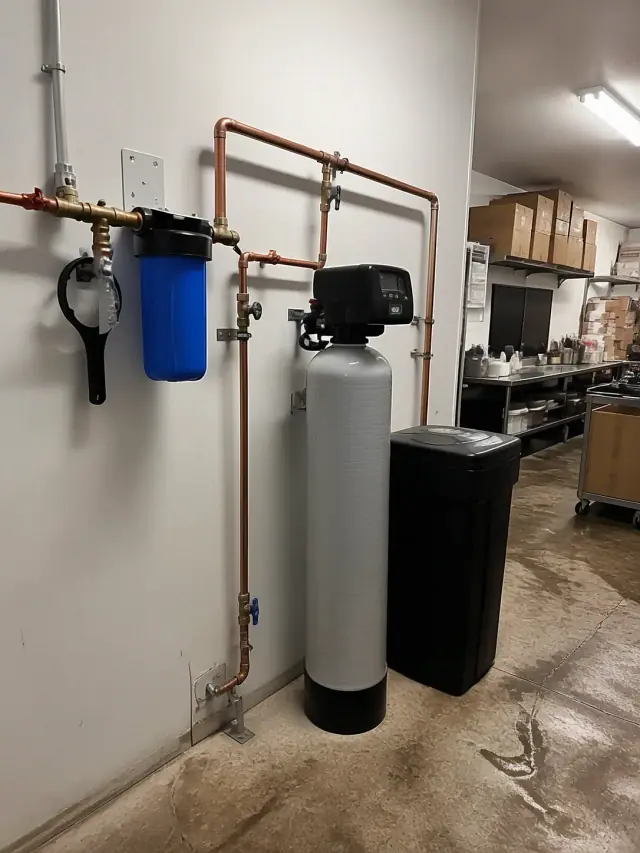 Water softener and filtration system with copper piping installed in a restaurant in Peoria, AZ.