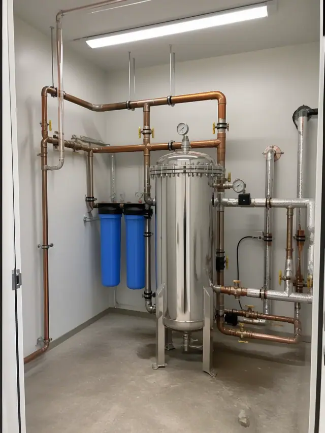 Water filtration system installed in a commercial facility in Mesa, AZ, with copper piping and a brine tank.