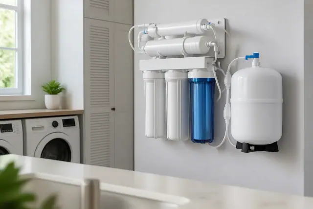 A clean water filtration system with a pressure tank installed in a bright residential utility room in Mesa, AZ.
