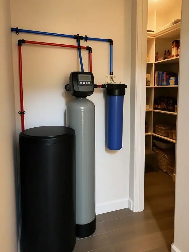 Water softener and carbon filtration system installed in an Ahwatukee, AZ home pantry.