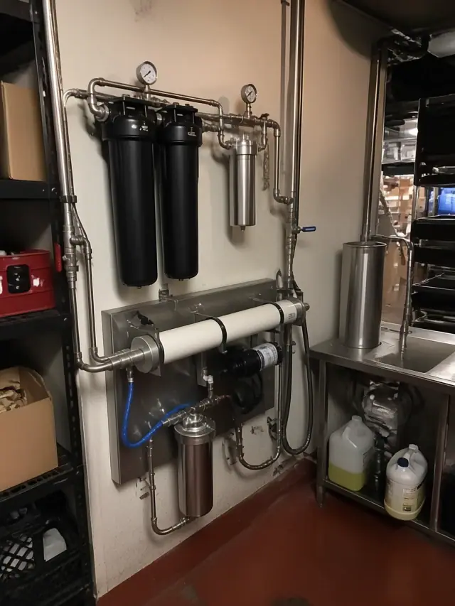 Carbon filtration and reverse osmosis water system installed in a commercial restaurant back room in Mesa, AZ.