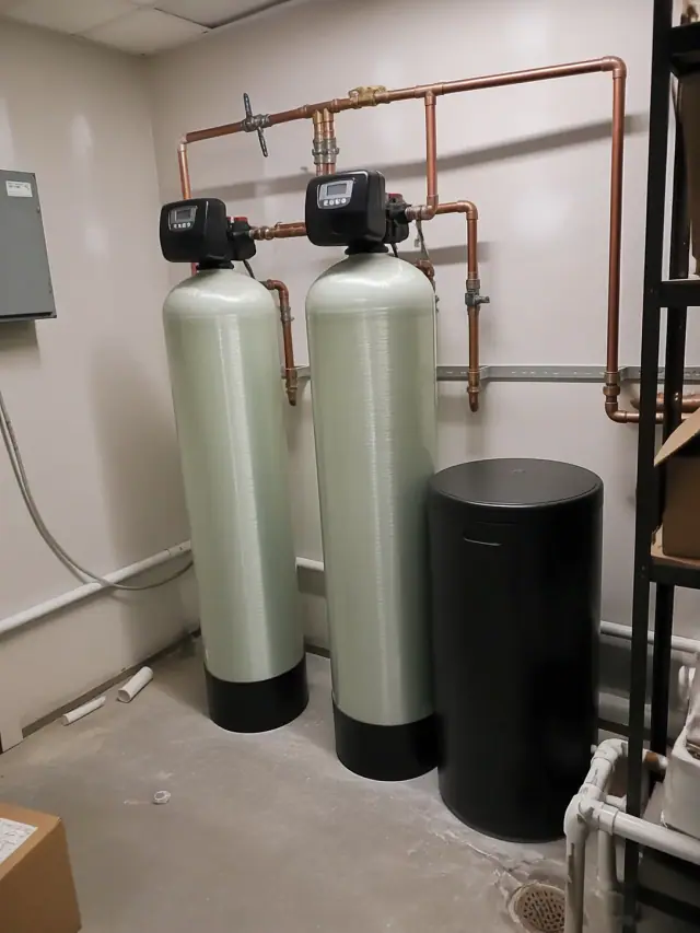Two salt-based water softener resin tanks with copper piping installed in a Mesa, AZ utility room.