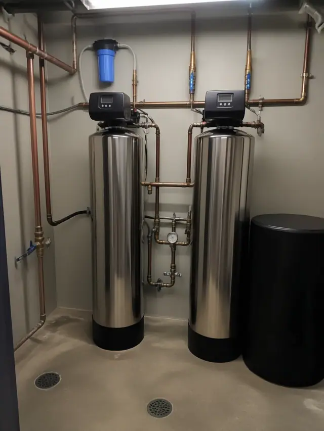 Commercial water softener system with stainless steel tanks and copper piping in a utility closet in Mesa, AZ.