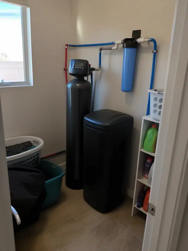 Whole house water softener and filtration system installed in a residential laundry room in Peoria, AZ.