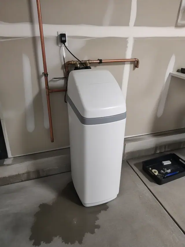 White water softener unit installed with copper pipes in a Mesa, AZ garage.