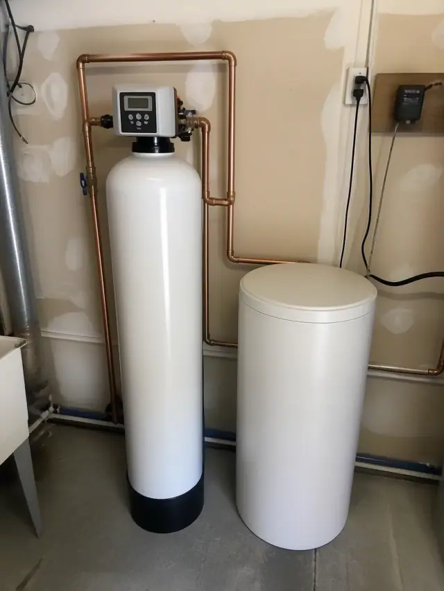Whole house water softener system with copper piping installed in a residential garage in Mesa, AZ.