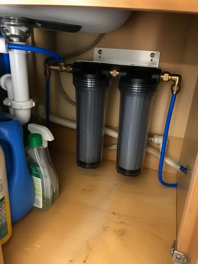 Carbon water filtration system installed under a kitchen sink in a home in Mesa, AZ.