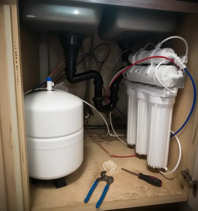 Reverse osmosis water filtration system installed under a kitchen sink in a Queen Creek, AZ home.