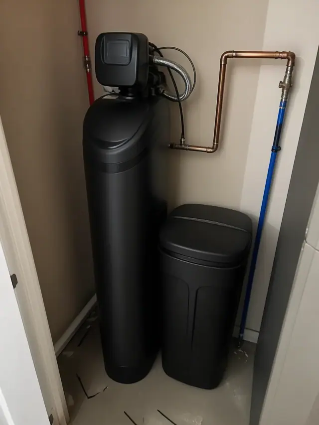 Newly installed saltless water softener with copper and PEX piping in an Ahwatukee, AZ apartment mechanical room.
