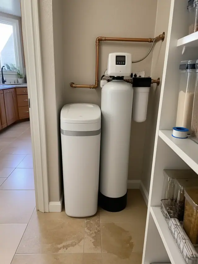 Newly installed water softener and carbon filtration unit with copper piping in a Phoenix, AZ pantry.