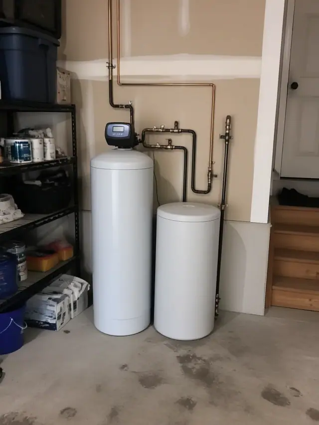 Newly installed residential water softener with two white tanks in a garage in Mesa, AZ.