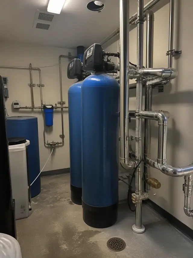 Commercial water softener system with blue tanks and stainless steel pipes in an Ahwatukee, AZ utility room.