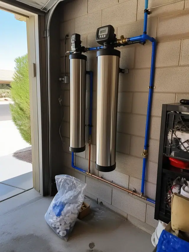 Two stainless steel water conditioner tanks installed on a garage wall in Mesa, AZ.