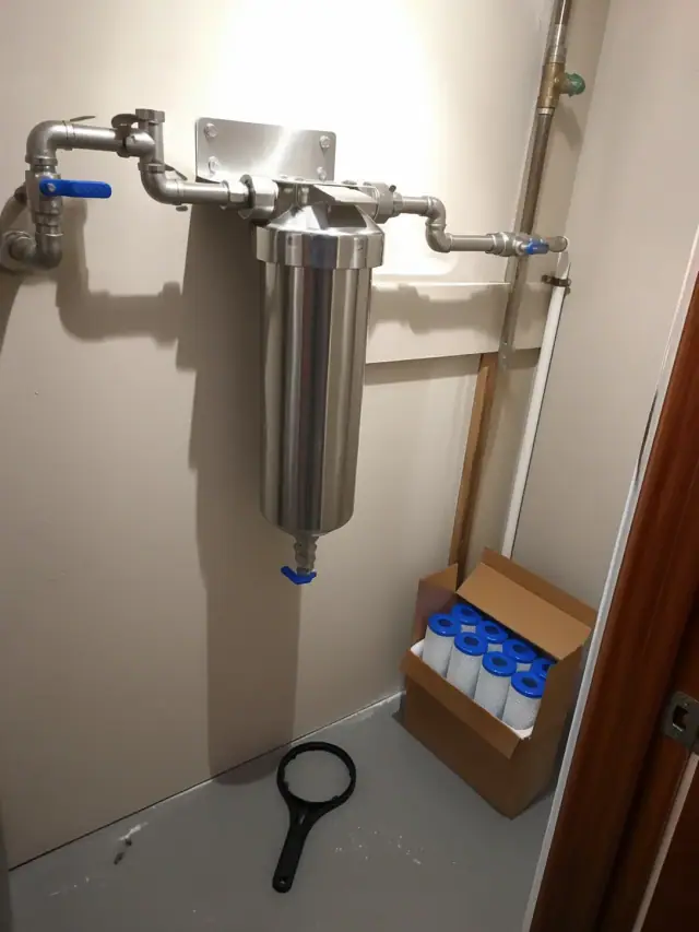 New water filtration system installed with stainless steel pipes in a residential utility room in Mesa, AZ.