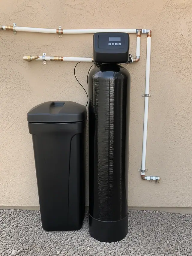 Newly installed water softener system with PEX piping mounted on a stucco wall at a home in Chandler, AZ.