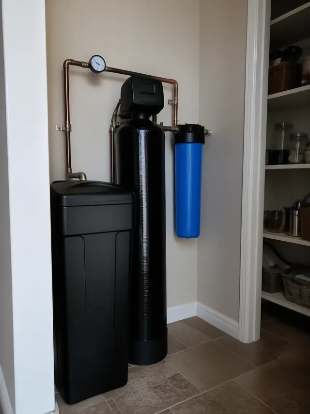 Newly installed water softener and carbon filtration system with copper piping in a Tempe, AZ home.