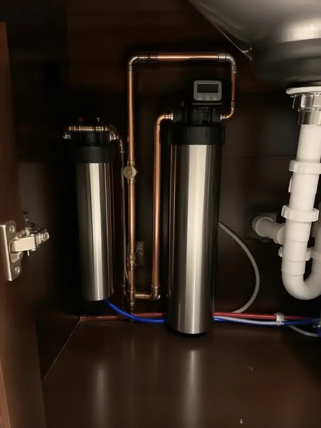 Water conditioner and iron filtration system with vertical tanks and pipes installed in a Mesa, AZ garage.
