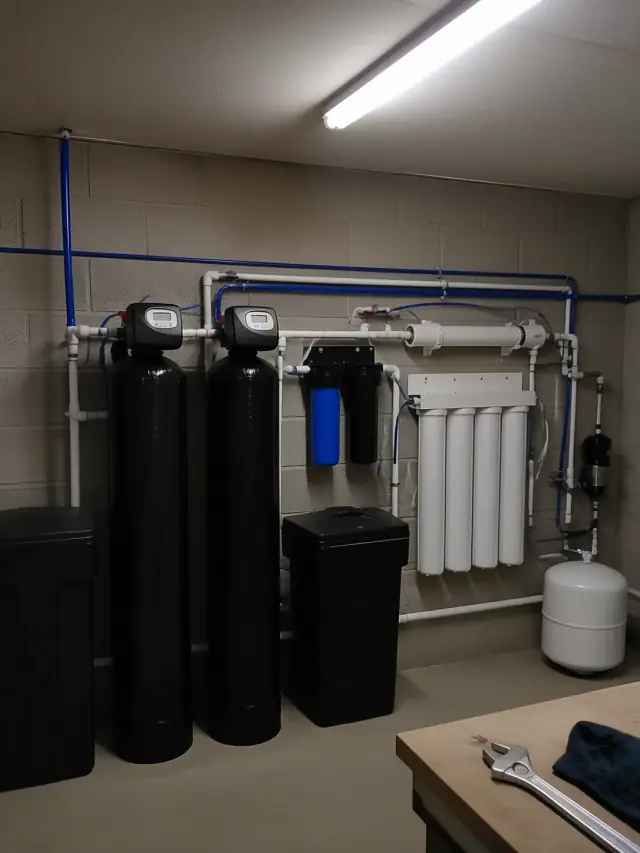 Whole-house water filtration and reverse osmosis system installed on a garage wall in Mesa, AZ.